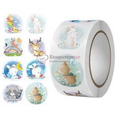 Стикер Милые животные круглый 2,5 см. 500 шт. рулон