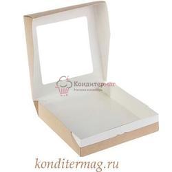 Упаковка для сладостей 20х20х4 см. Крафт с окошком 1