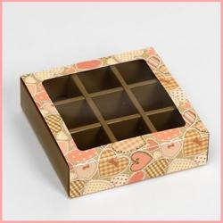 Коробка для конфет 14х14х3 см. 9 ячеек Сердца окошком 1