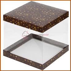Коробка для торта Кристалл 23,5х23,5х12 см. Коричневая/звезды