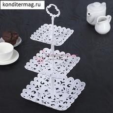 Подставка для сладостей 3-ярусная Кружево квадрат пластик