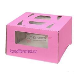 Упаковка для торта 2 кг. 30х30х17 см. Розовая с окошками 1